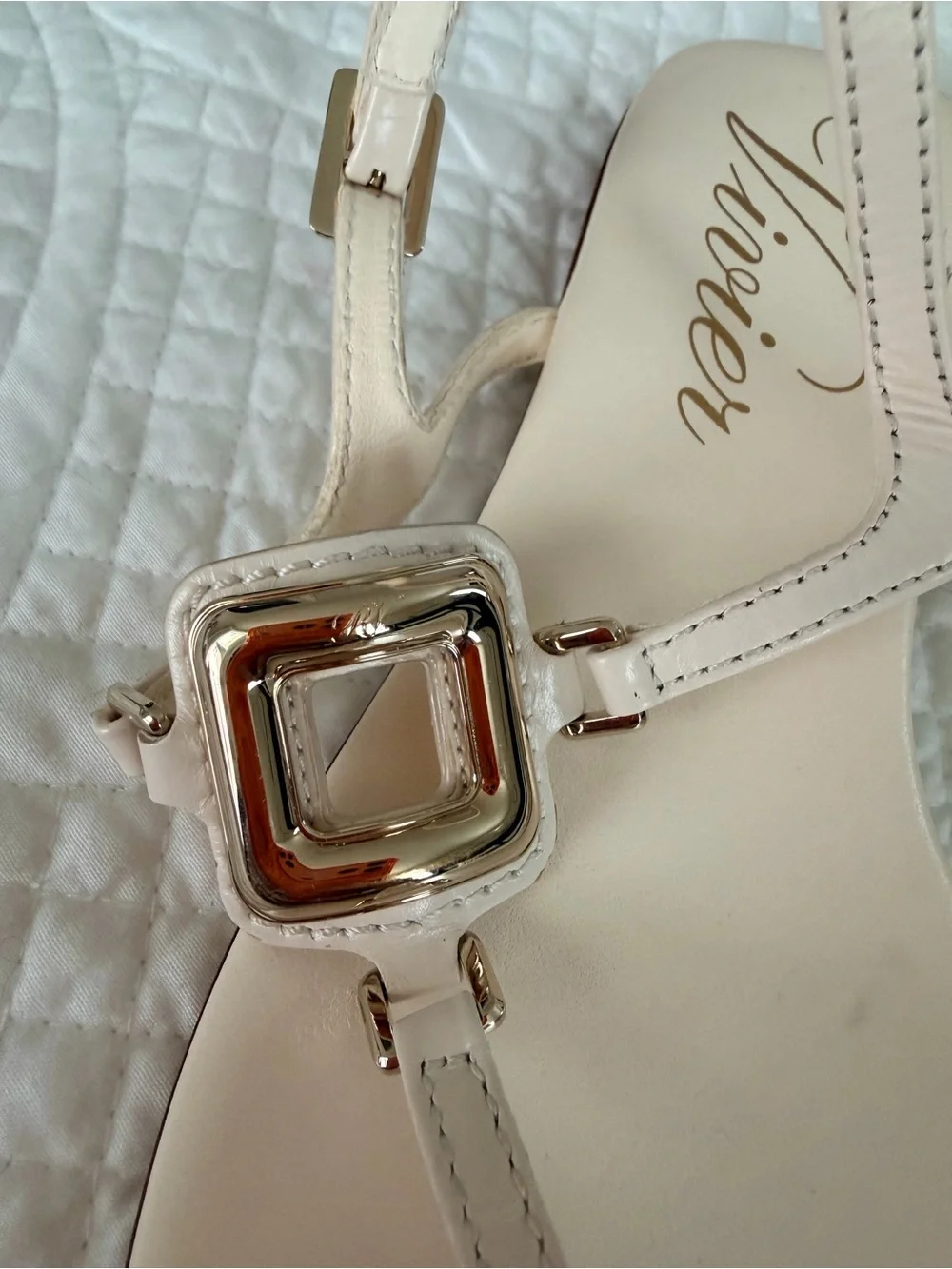 Roger Vivier Ivory Leather T-Strap Sandals with Gold Buckles